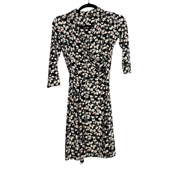 Talbots Floral Wrap A-Line Dress VN784 black white orange - Picture 1 of 6